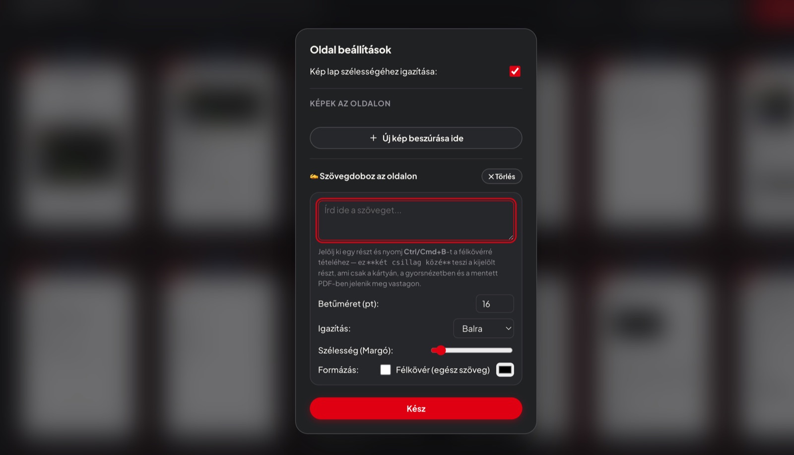 Oldalbeállítások ablak képekkel és szövegdobozzal