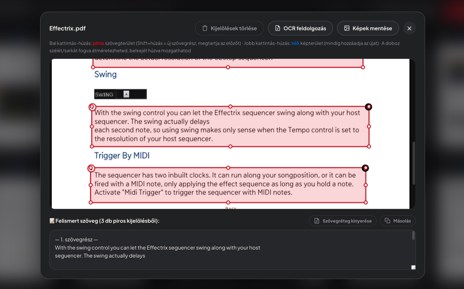 QuickLook nézet piros szövegdobozokkal és felismert szöveggel